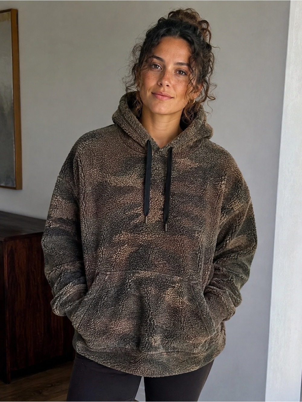 Rewash Women's Brown Camo Sherpa Teddy Fleece Pullover Hoodie Size Large
